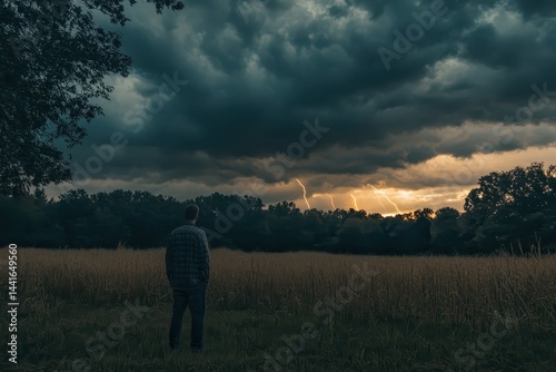 Obraz na płótnie Stormy sky with lightning bolt illuminating dark clouds over field w salonie
