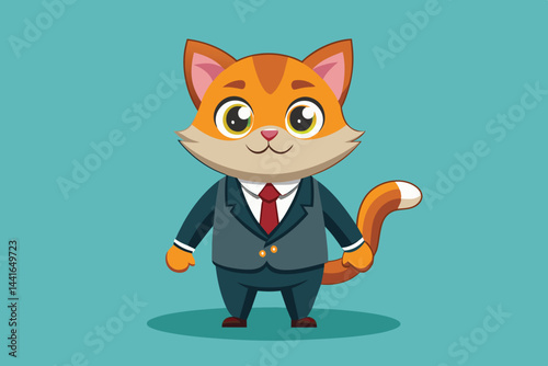 A cartoon cat with a friendly demeanor wears a formal business suit. Its bright eyes and smile convey confidence, creating a fun and professional atmosphere.