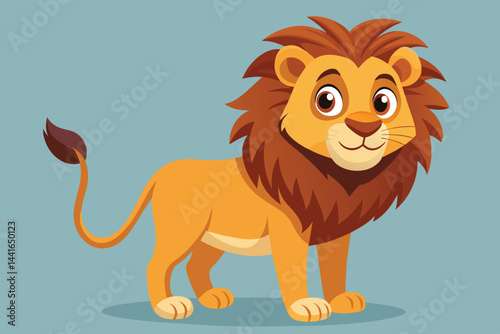 The cheerful cartoon lion displays a lively expression with big eyes and a fluffy mane while standing confidently, bringing joy and warmth to the scene.