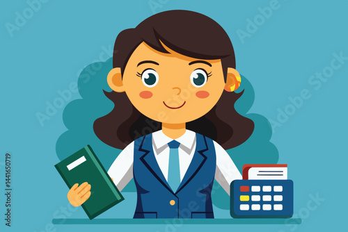 A confident woman in a blue suit smiles while holding a book in one hand, with a calculator and paperwork on the desk in the background, emphasizing her professionalism.