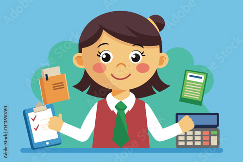 A young girl with a joyful expression is managing multiple tasks at a desk, holding a tablet and calculator while surrounded by paperwork and office supplies.