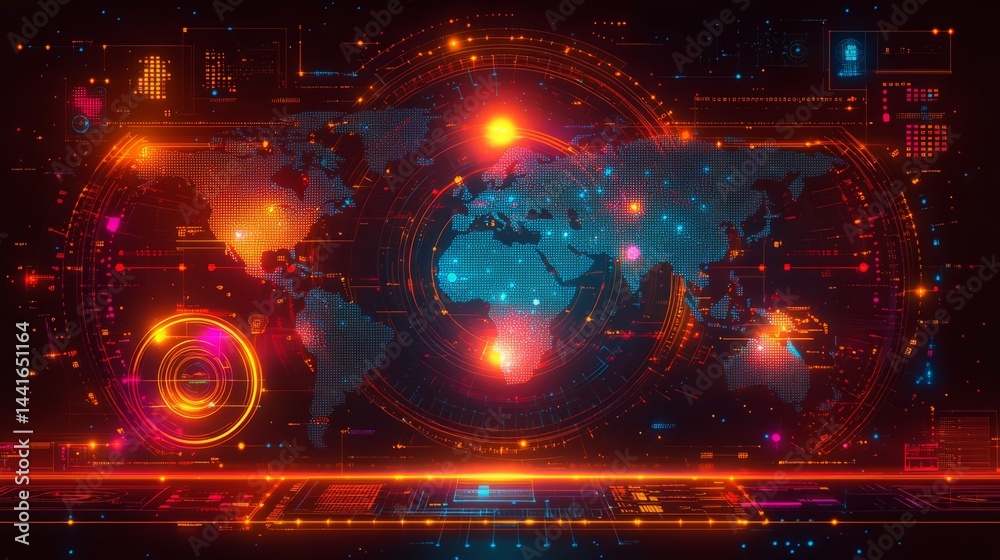 Fototapeta premium Digital World Map: A vibrant digital rendering of a world map pulsates with glowing lines, intricate details, and abstract elements. This visualization conveys connectivity, information flow.