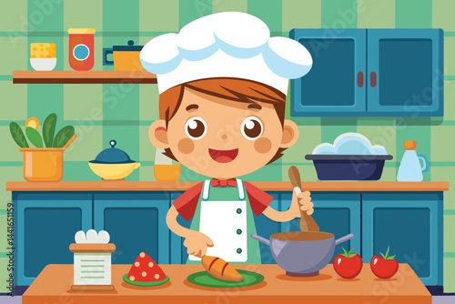 A cheerful young chef stirs a pot in a colorful kitchen while cutting a croissant and surrounded by fresh vegetables and fruits, radiating the joy of cooking.