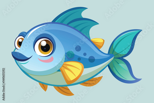 A joyful blue fish glides through water, showcasing its bright fins and large eyes, radiating a sense of playfulness and enthusiasm in its habitat.
