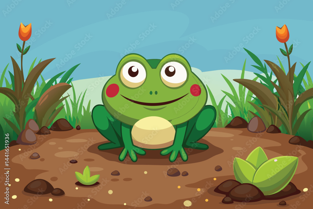 Fototapeta premium A green frog with bright eyes and small red cheeks sits happily on the ground, surrounded by lush grass and colorful flowers under a clear blue sky.
