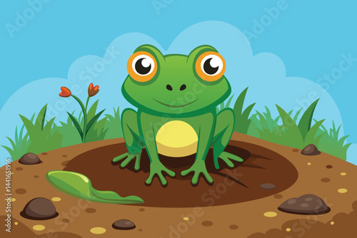 A bright green frog rests happily on its mound, with vibrant orange eyes and a yellow belly, overlooking a sunny field filled with grass and flowers.