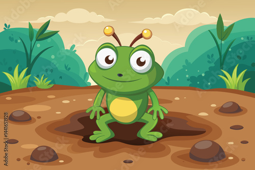 A bright green frog with large eyes and playful antennae stands in a damp area, surrounded by bushes and soft hills under a cloudy sky.