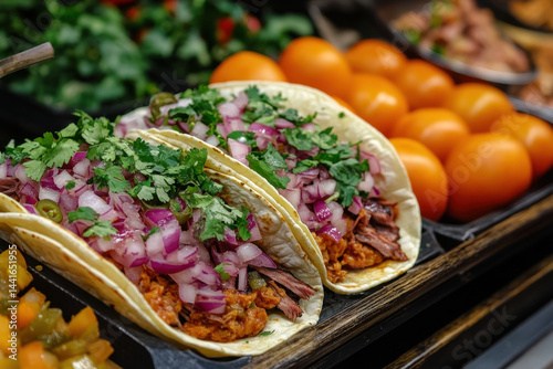 A close-up of tacos stacked together.