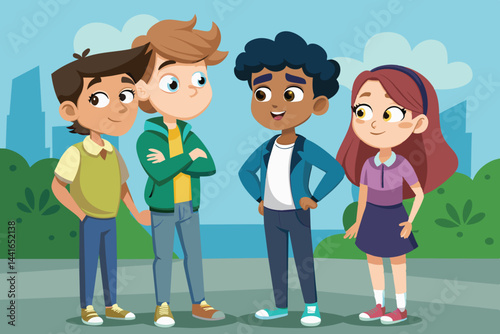 A group of four animated kids stands together in a vibrant city park, discussing their weekend plans amidst cheerful greenery and a bright sky.