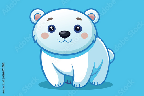 This charming cartoon polar bear is designed with a soft, friendly look, featuring a light blue background that highlights its whimsical character and adorable expression.