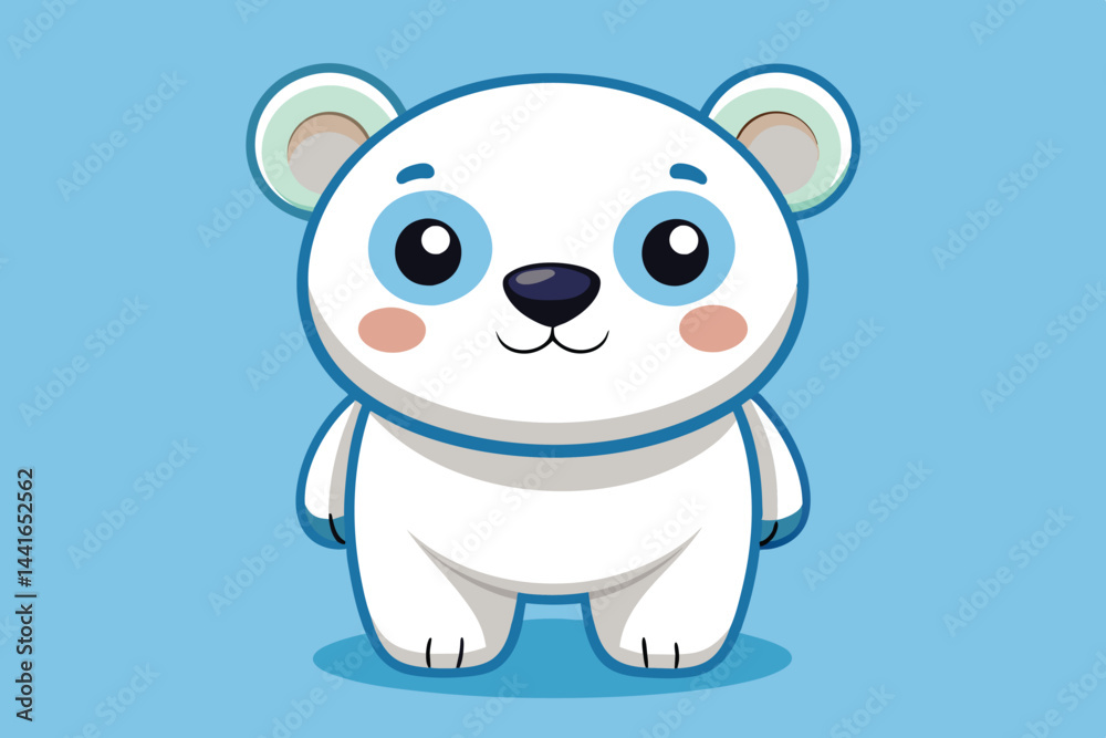 Naklejka premium A cheerful cartoon depiction of a polar bear with soft, rounded features, sitting with an inviting smile. The background is a calming light blue, enhancing the bear's charm.