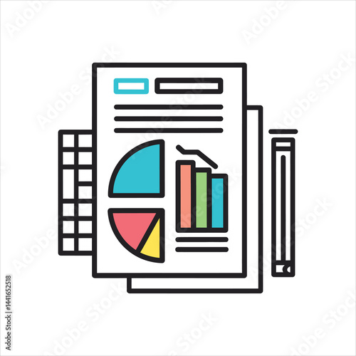 Business Data Analysis Icons, Report, Charts, and Grid