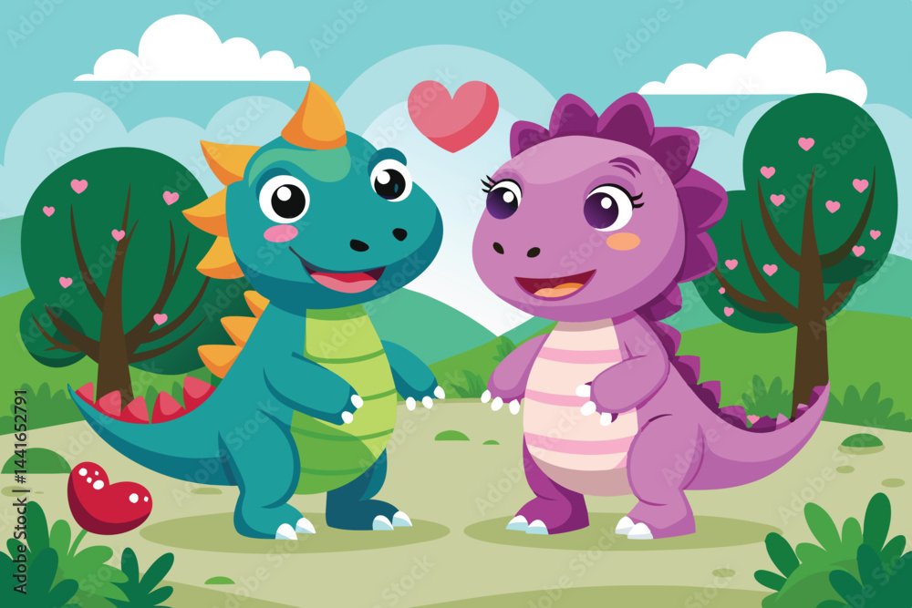 Fototapeta premium Two adorable cartoon dinosaurs express their affection for each other in a vibrant park, surrounded by trees, hearts, and a cheerful landscape under a clear blue sky.