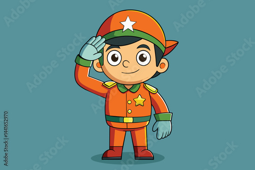 A joyful young cartoon character stands confidently, wearing an orange military-style uniform and a matching cap, saluting with a bright smile.