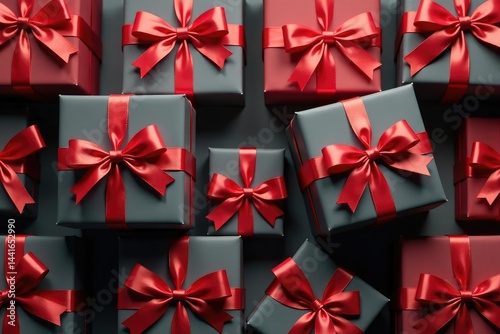 Elegant red ribbon tied gift boxes, repeating pattern, pattern, presents