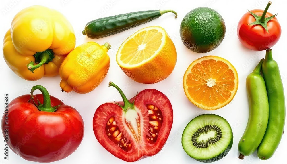 Naklejka premium Variety of organic fruits & vegetables isolated on white, wholesome, local