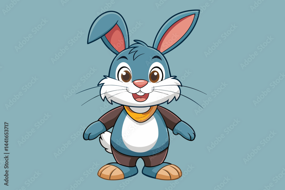 Obraz premium A cheerful cartoon rabbit stands with arms outstretched, wearing a black vest and a friendly smile, set against a simple, calming background.