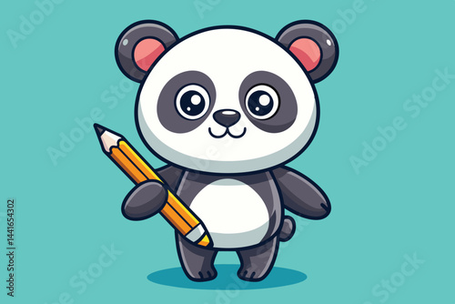 A charming cartoon panda stands playfully with a yellow pencil, showcasing its adorable features in a vibrant blue backdrop, inviting creativity and fun. photo