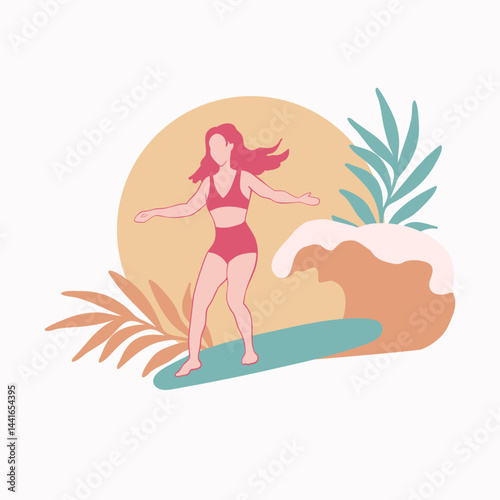 Surfer girl riding surfboard on wave with sun and tropical leaves. Summer vacation minimalist illustration. Ocean beach vibes. Sports lifestyle.