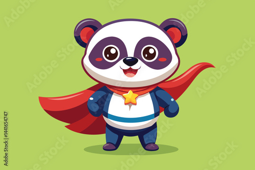 A cartoon panda dressed as a superhero smiles confidently while wearing a red cape and a blue costume. The background is a soft green, enhancing its playful nature.