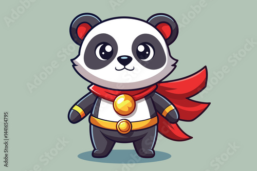 This adorable cartoon panda, dressed in a vibrant red cape and matching belt, looks cheerful and ready for adventure with a bright smile on a soft green backdrop.