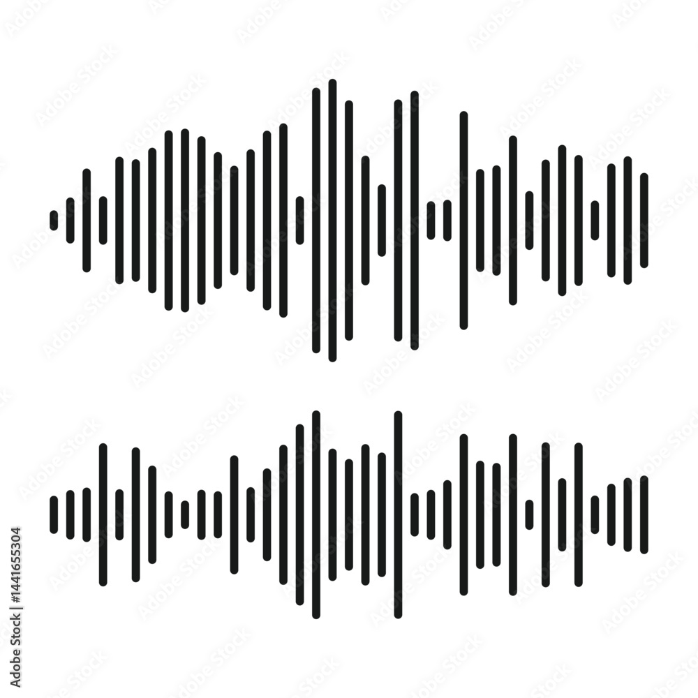 Sound wave or voice message icon. Music waveform, track radio play. Clean line soundwave icon. Audio equalizer line. Audio signal wave icon. Vector illustration. Sound wave or voice message icon. Music waveform, track radio play. Clean line soundwave icon. Audio equalizer line. Audio signal wave icon. Vector illustration.