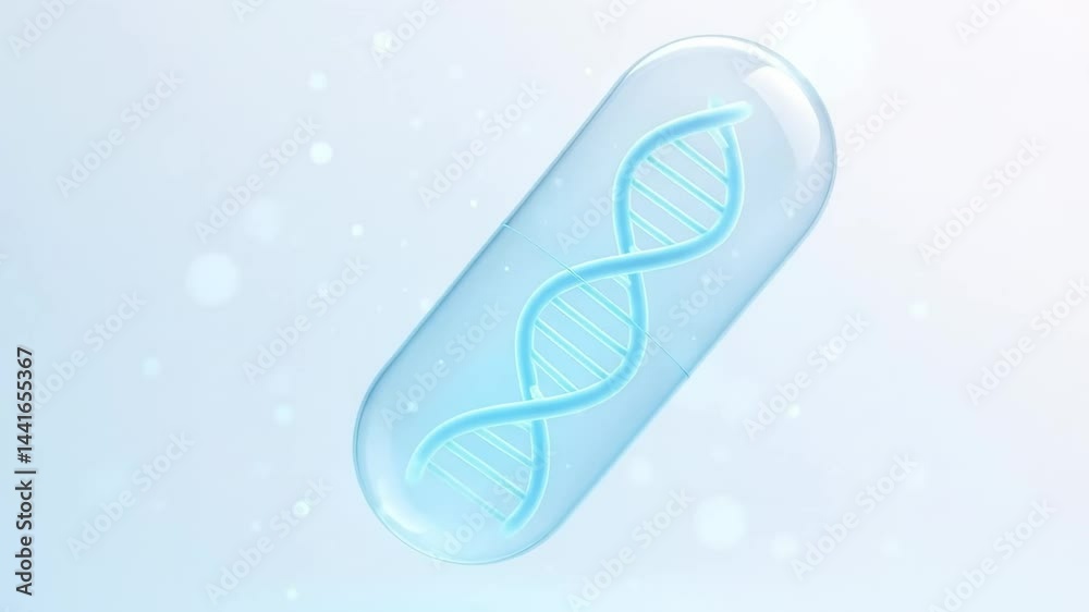 A 3D-rendered Transparent Capsule Containing a Blue DNA Helix on a Soft Background, Symbolizing Genetic Science and Biotechnology Innovation