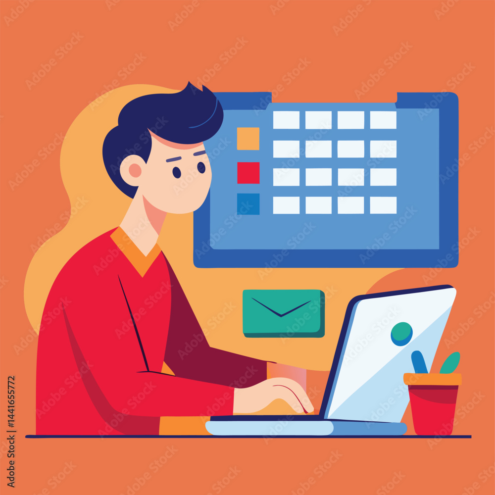 Young man with computer fills schedule calendar vector Young man with computer fills schedule calendar vector