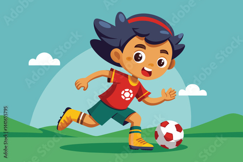 A child with a bright smile runs energetically while controlling a soccer ball on an open green field under a clear blue sky, enjoying their playful moment.
