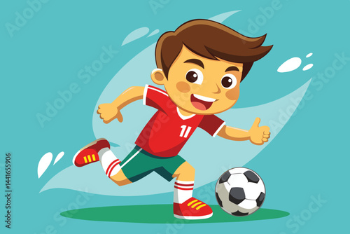 A young boy with a big smile plays soccer, dressed in a red jersey. He runs energetically towards the ball on a bright and colorful background.