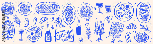 Set of Hand Drawn Foods Doodle Mediterranean Matisse Whimsical Italian Food and Drink, Summer Tropical and Sea Food Line Drawing Vector