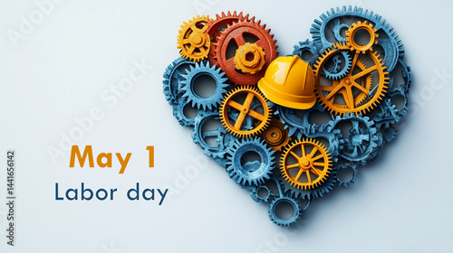 Abstract graphic of gears, hard hats, and tools forming a heart shape, concept of worker appreciation, and