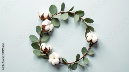 Serene arrangement of cotton blossoms and eucalyptus leaves forming a delicate circular frame on a pastel background