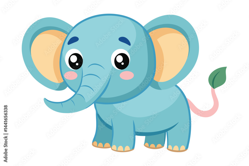 Fototapeta premium A cheerful, cartoon-like blue elephant with large ears and a small pink tail is standing playfully against a simple white background, inviting smiles.