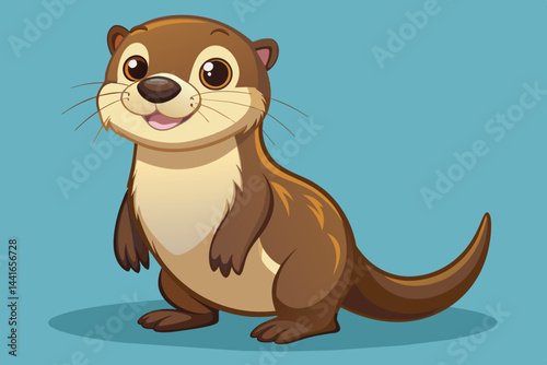The otter displays a joyful demeanor with a big smile, small rounded ears, and a sleek, brown body. Its tail is long, and the background adds a bright and playful touch.