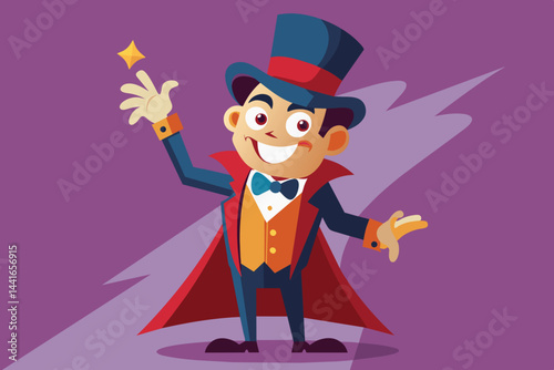 A cheerful magician in a top hat and colorful attire performs magic tricks, captivating the audience with a dazzling show of sparkles and charisma.