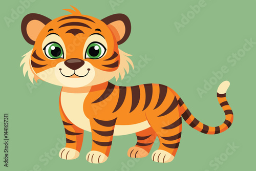 A cheerful cartoon tiger stands proudly with big green eyes and a friendly smile. Its vibrant orange fur features distinctive black stripes, adding to its playful appearance.