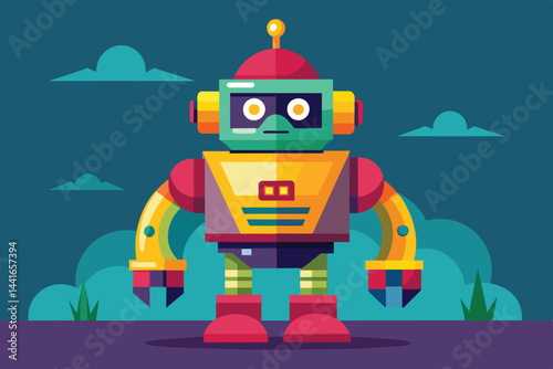 The cartoon robot features bright colors and a cheerful expression, standing against a colorful backdrop of clouds and greenery, inviting imagination and creativity.
