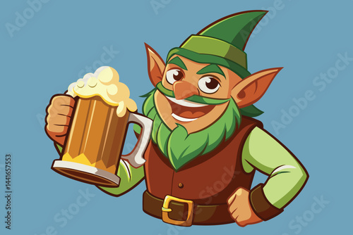 A joyful character with a green hat and beard happily raises a mug of beer, embodying a festive spirit in a colorful and cheerful environment, perfect for celebrations.