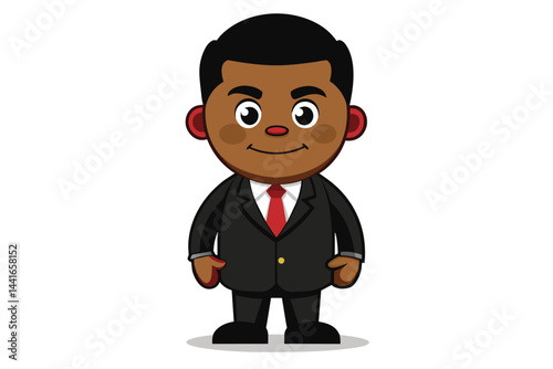 This cartoon character features a friendly expression, short black hair, and is dressed in a sleek business suit, showcasing professionalism and charm.