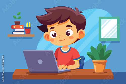 A boy with a cheerful expression works diligently on his laptop at a tidy desk, surrounded by books, plants, and warm decorations in a bright room.