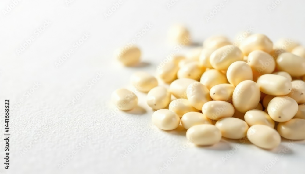 Scattered white beans against pure white backdrop, healthy, closeup, texture