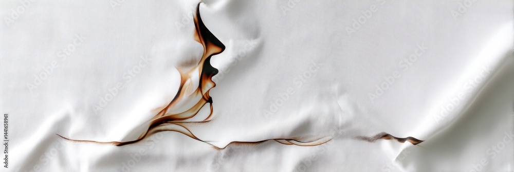 Burn Mark on White Fabric Resembles a Human Profile Showcasing Minimalism in Artistic Expression