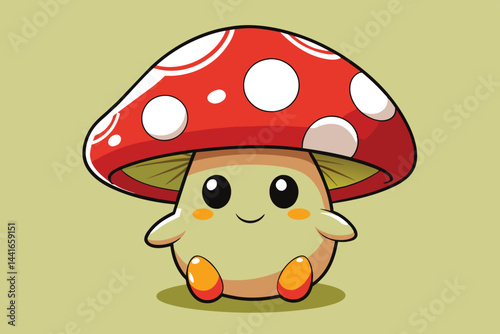 A cheerful, cartoon-style mushroom character with a bright red cap and white spots sits happily, exuding joy in a minimalistic light green environment.