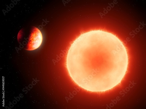 Exoplanet Orbiting Red Dwarf Star. Planet in orbit near a star. Extrasolar system with rocky world.