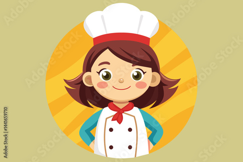 A friendly cartoon chef with brown hair and a white chef hat stands confidently, smiling with hands on hips in front of a bright yellow background.