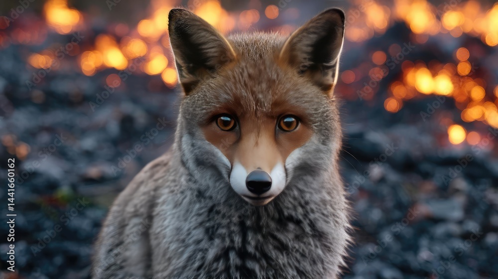 Fototapeta premium Endangered species struggling with climate change impact concept. A majestic fox surrounded by a fiery, dramatic landscape.