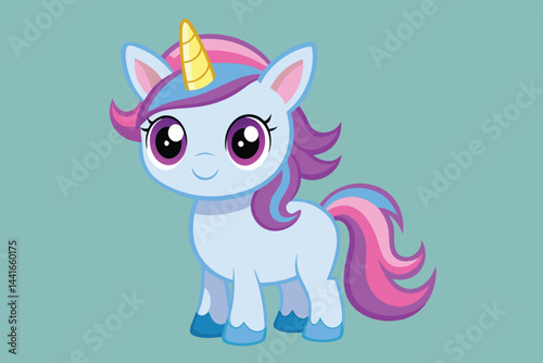 A charming blue unicorn pony stands cheerfully with a vibrant mane and a shining horn against a soothing pastel backdrop, evoking a playful, magical atmosphere.