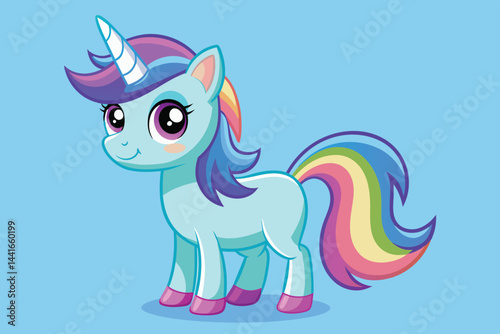 This adorable unicorn features a light blue body, a vibrant rainbow mane and tail, and a sparkling horn, radiating joy and whimsy in its playful pose.