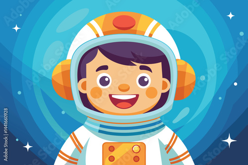 A young astronaut with a bright smile wears a detailed space suit while floating in the vastness of space, surrounded by stars and colorful cosmic swirls.